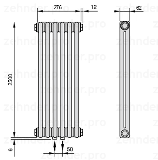 Схема (чертеж) Радиатор Zehnder Charleston 2250/6 №3470 Белый глянцевый RAL 9016